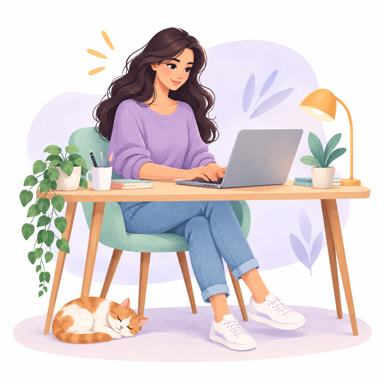 Colorful illustration of a young woman typing on a laptop at her desk.